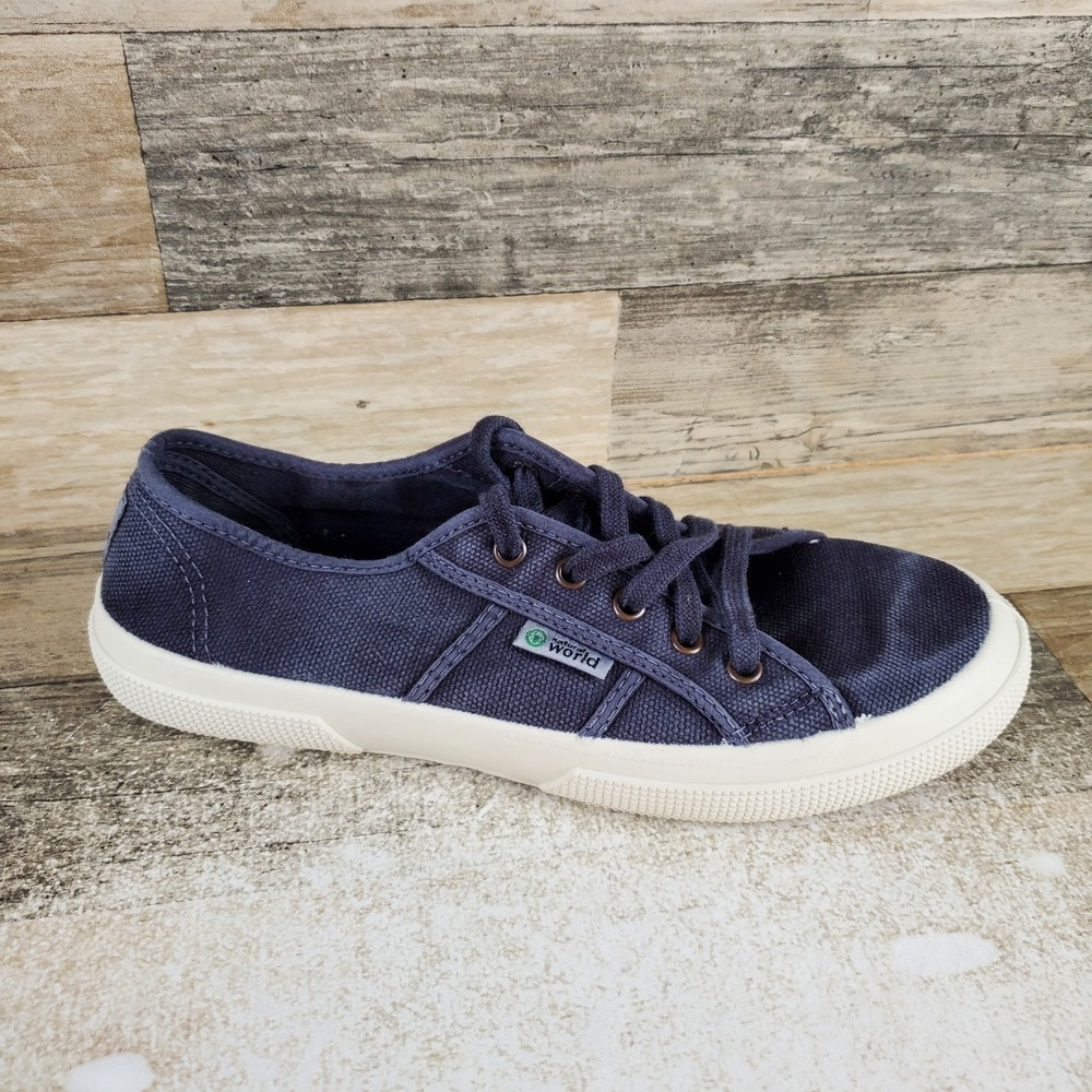 Natural World Old Blossom Eco Womens Sz 9.5 Navy Washed Lace-Up Sneakers